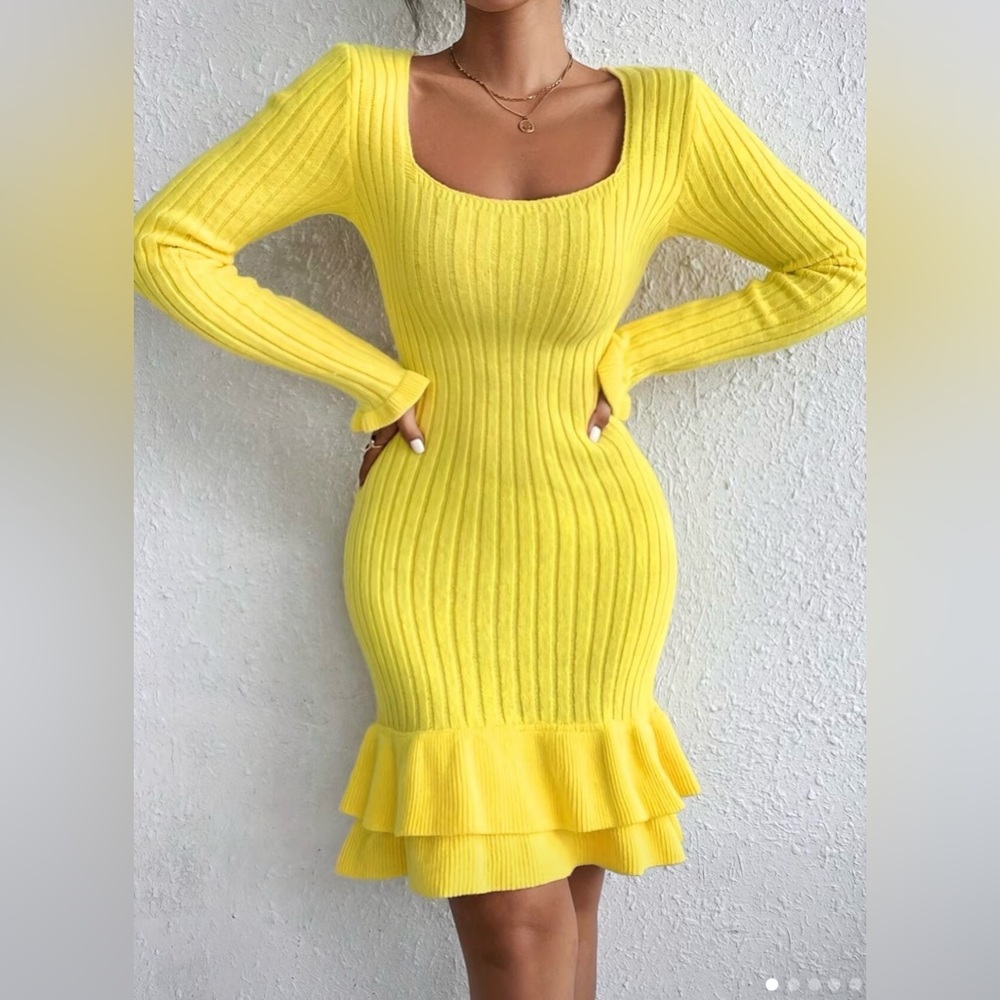 NWOT- Small Yellow Ribbed Knit Sweater Dress with Ruffle Hem and Square neck- S